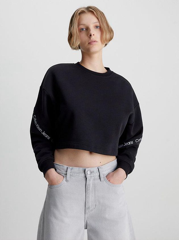 Calvin Klein USA Cropped Logo Tape Womens Sweatshirt Black 8567042-BF